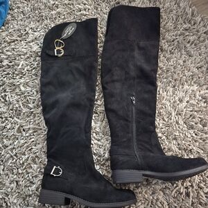 Black Over-the-Knee Suede Boots with Buckle Detail